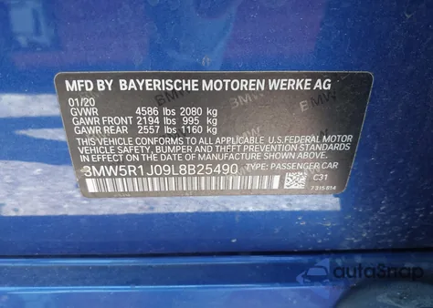 2020 BMW 330I z USA, uszkodzony, nr VIN 3MW5R1J09L8B25490